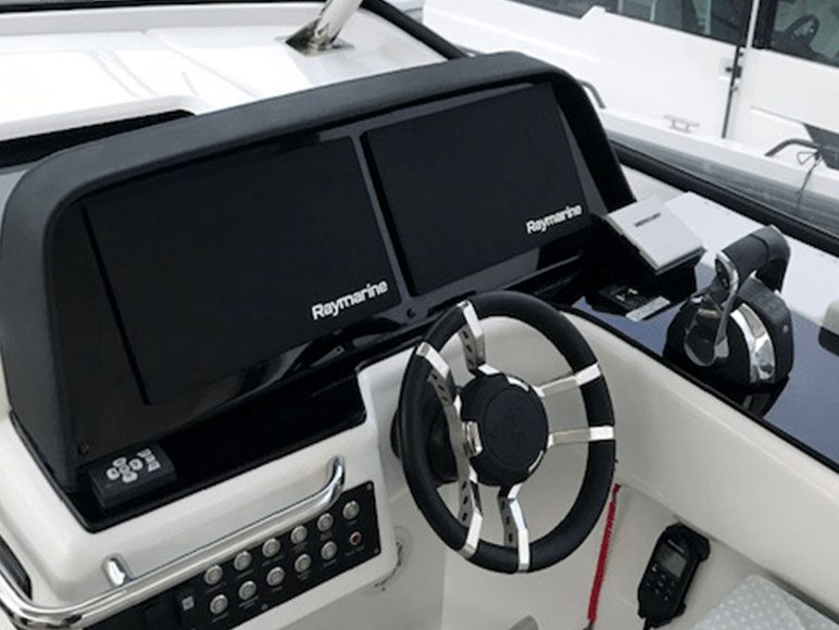 installion of two Raymarine AXIOM 16 XL MFDs and a multitude of other electronics including the Quantum 2 radar, augmented reality, wireless VHF and FLIR thermal cameras.