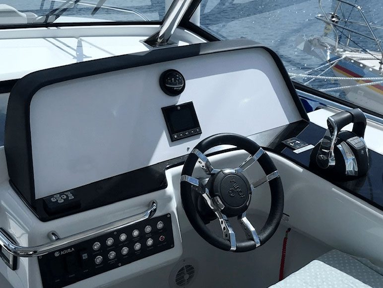 installion of two Raymarine AXIOM 16 XL MFDs and a multitude of other electronics including the Quantum 2 radar, augmented reality, wireless VHF and FLIR thermal cameras.